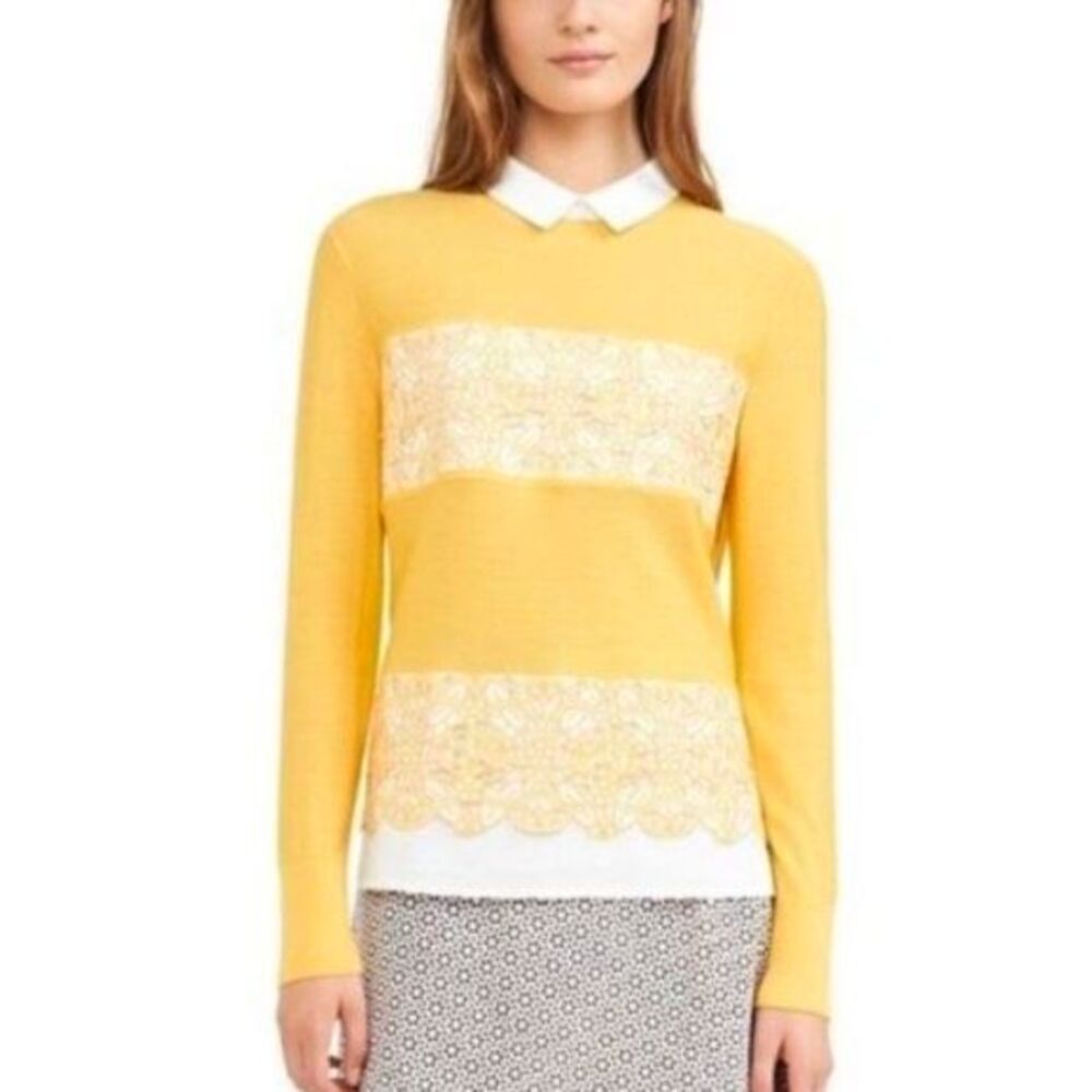 Tory Burch Womens Yellow Merino Wool Embroidered White Collared LS Sweater Sz M